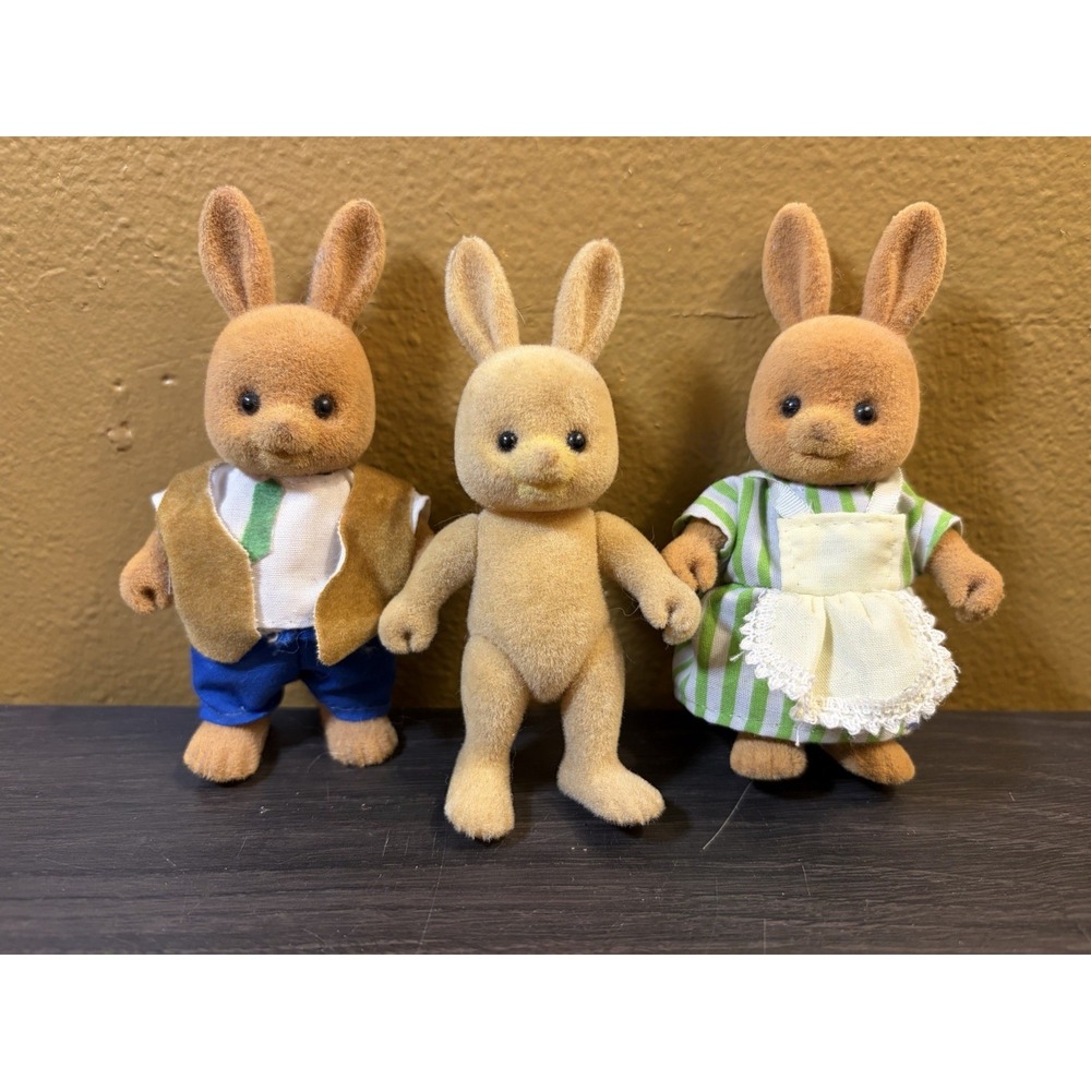 Vintage Maple Town Patty Rabbits Family Of 3 Flocked Toy 1987 Sylvanian Families